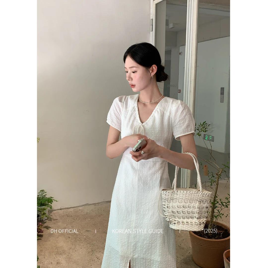 DH OFFICIAL 大花【白山茶书签 white】法式温婉慵懒风开叉连衣裙