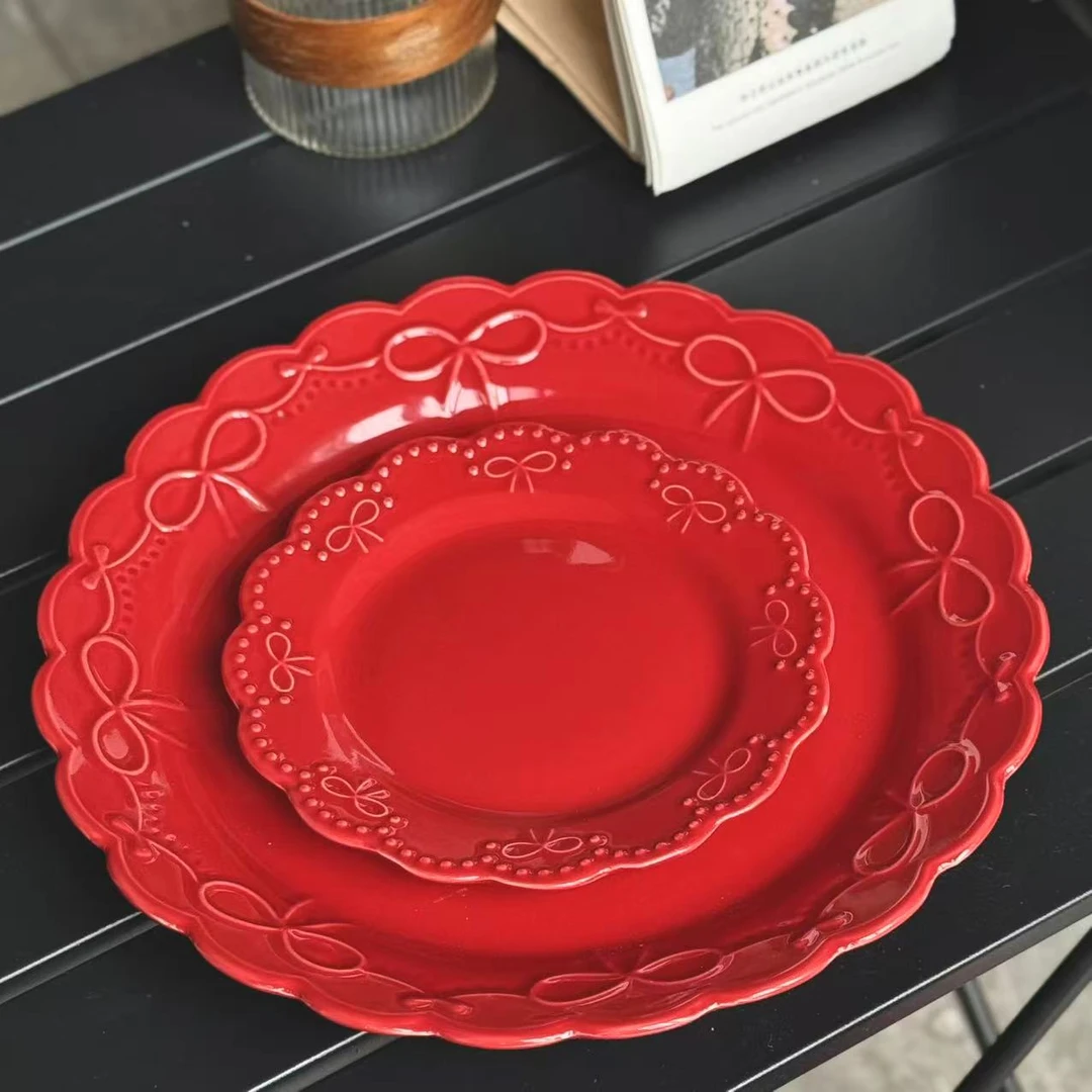 p417 复古红西餐盘浮雕做旧牛排盘点心盘  微瑕 凑满20发货