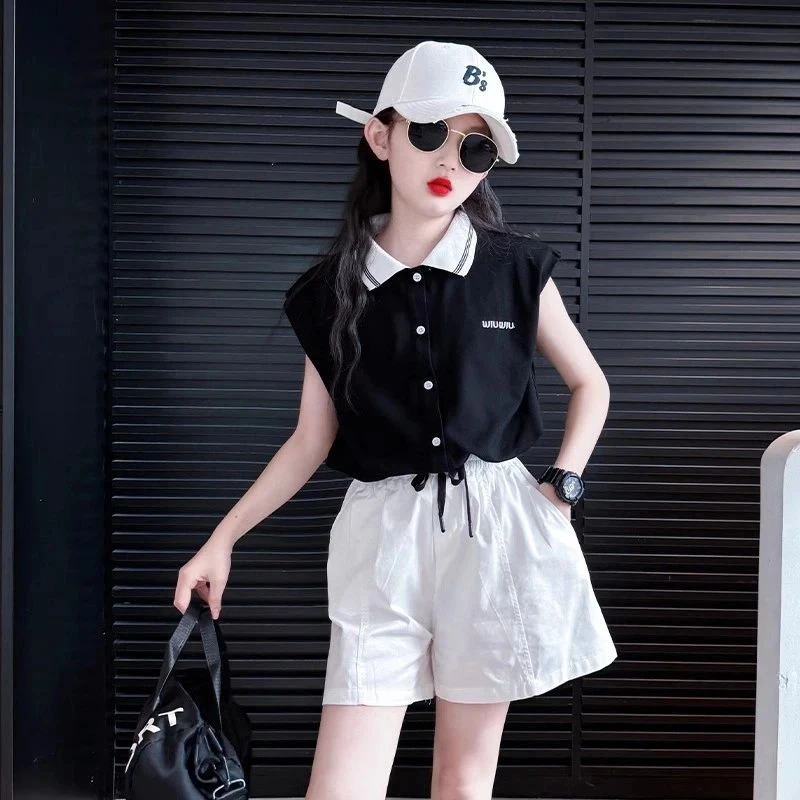 女孩网红炸街t恤套装2025新款女童短袖儿童夏装女大童白色短裤