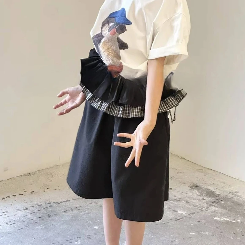 【澄澄】中大女童2025夏新品蕾丝拼接格纹屁帘休闲短裤韩系慵懒风