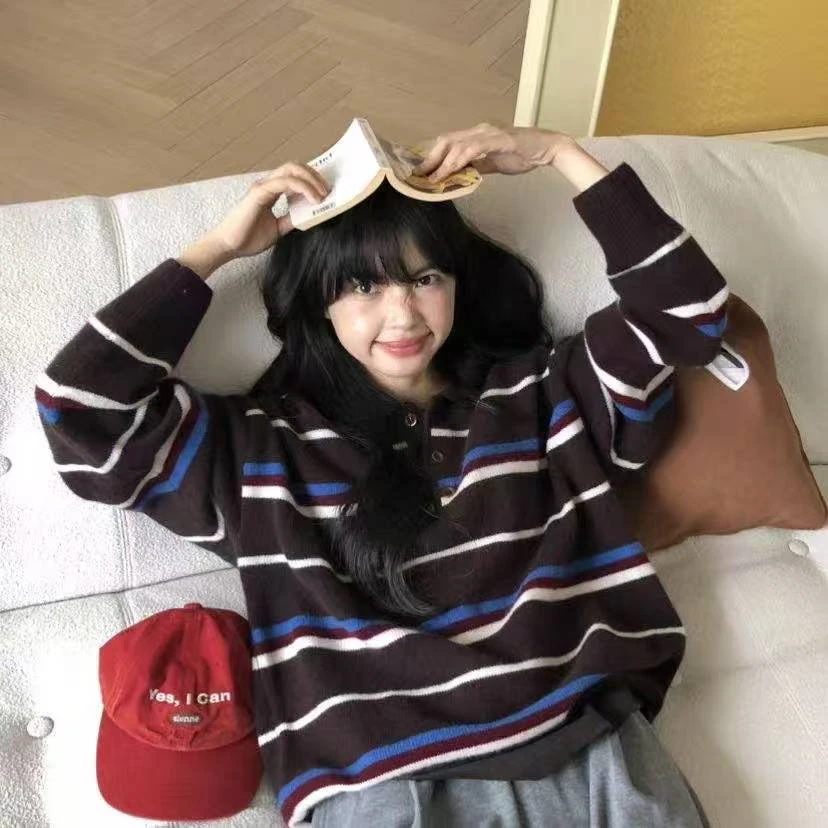 复古撞色条纹毛衣女2025新款百搭韩系休闲减龄针织衫上衣A085