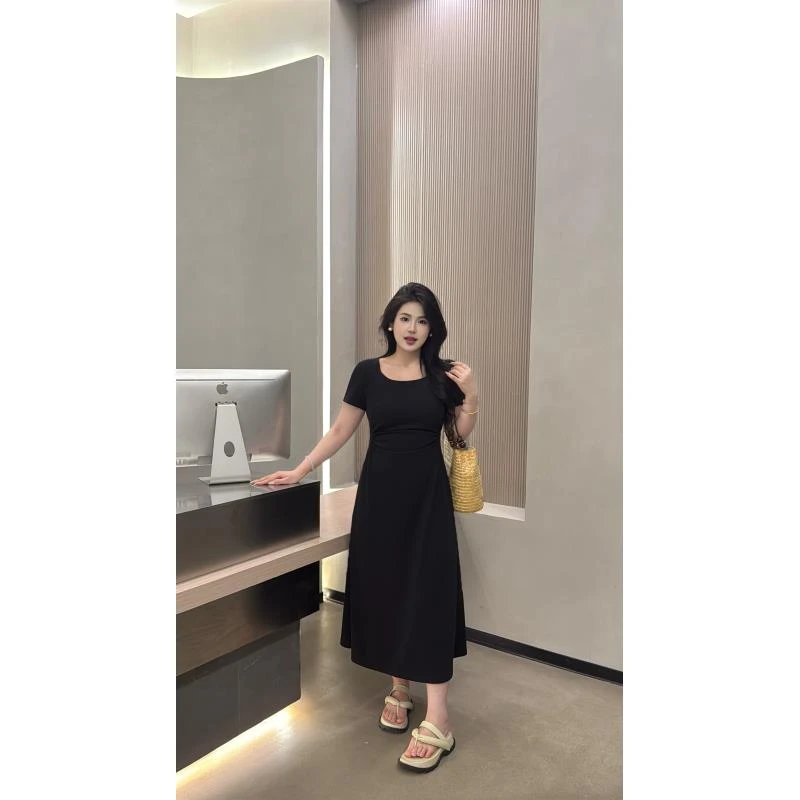 现货【HESHI】欧若风 大码胖mm春季新款收腰气质短袖连衣裙02254D