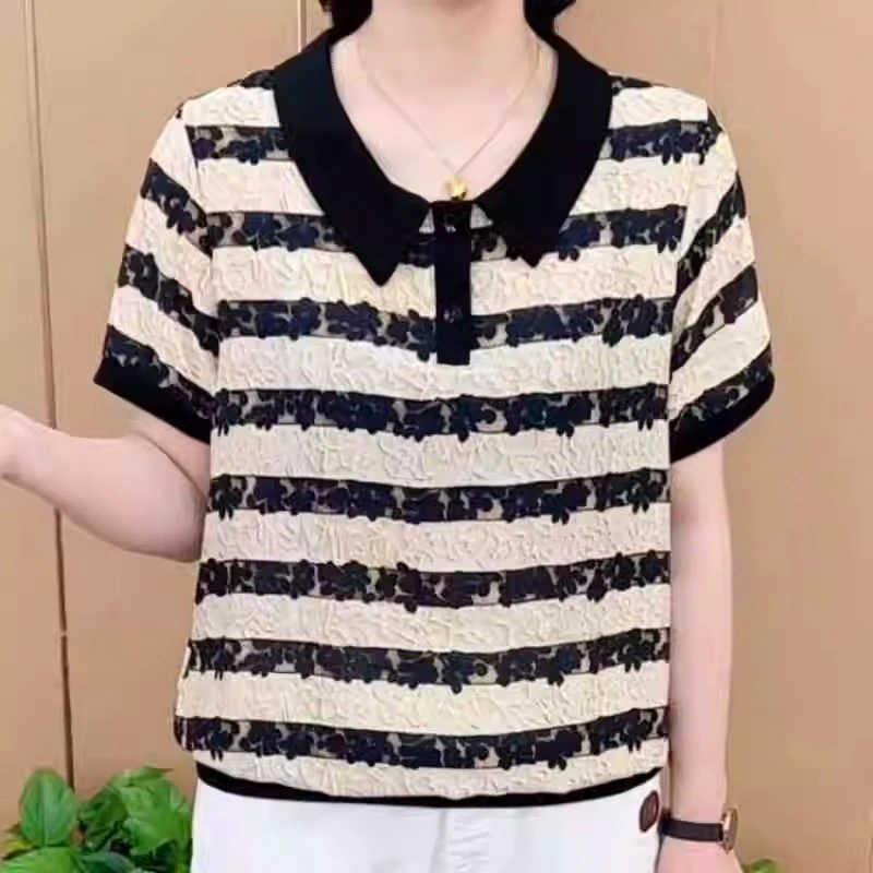 夏季新款新品时尚网红娃娃领洋气条纹小衫气质显瘦百搭短袖上衣