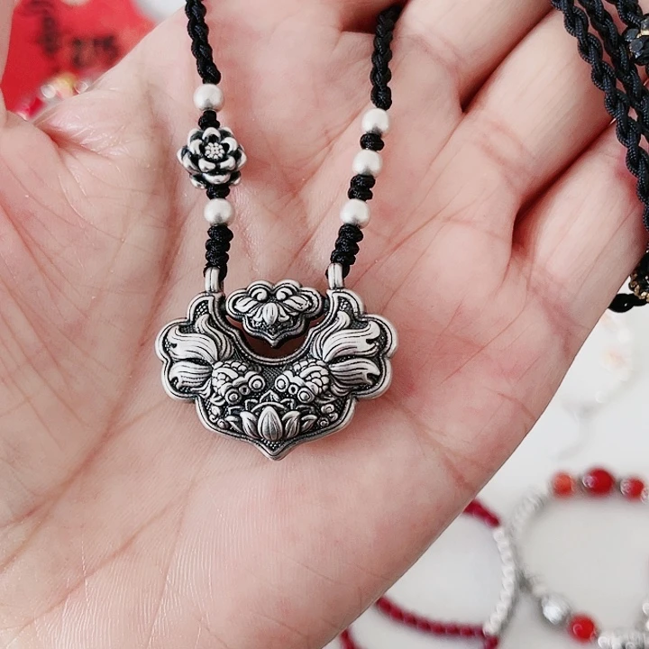 珐琅吊坠足银双耳锁