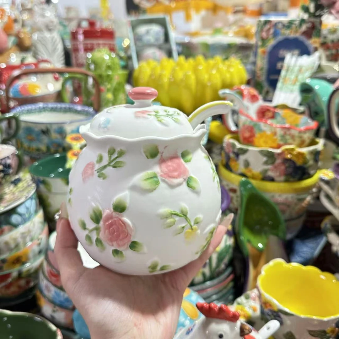 玫瑰花带盖糖罐+黄勾藤勺子