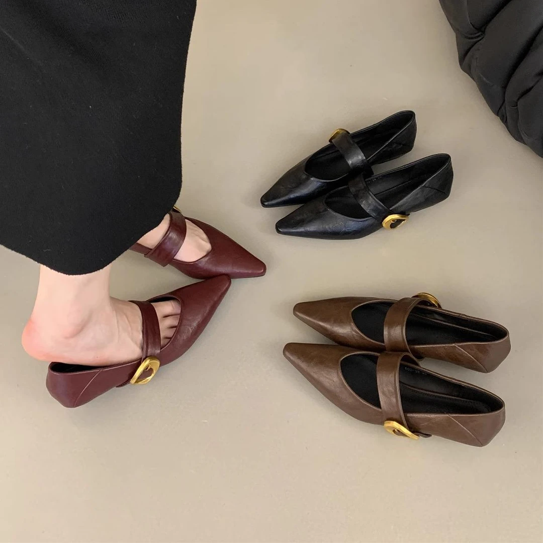 复古法式气质尖头小皮鞋女春季新浅口单鞋仙女风一字扣带玛丽珍鞋