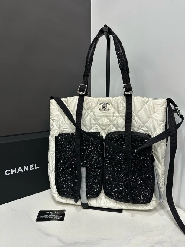 95新 Chanel/香奈儿 毛呢亮片口袋托特包24开卡32cm/JJ5021009