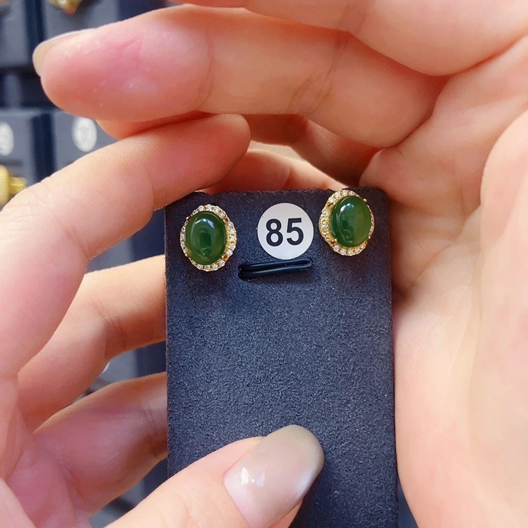 和田玉银S925镀金镶嵌耳饰