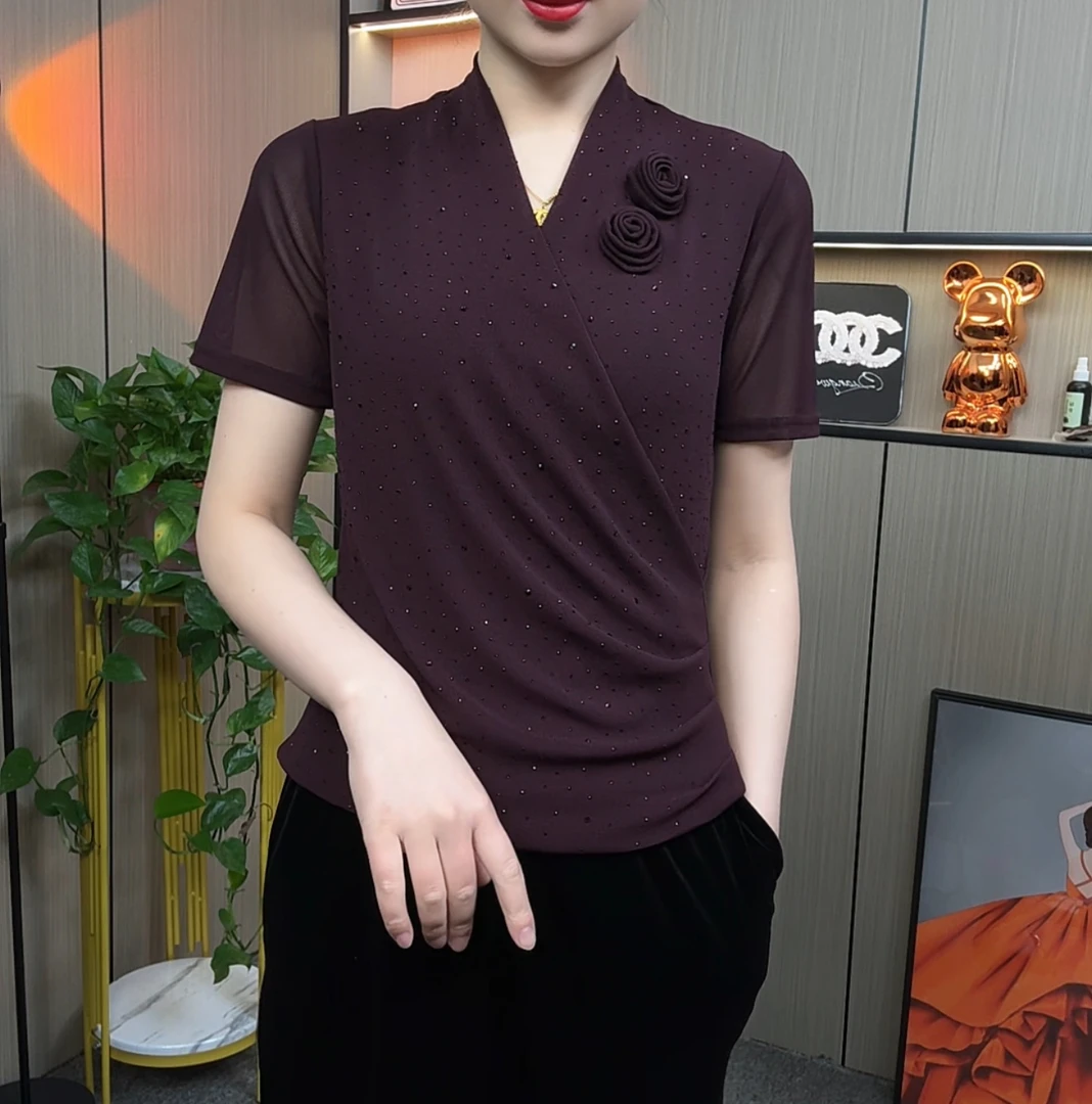 2025春季新款短袖手工盘花女上衣气质烫钻小衫显瘦百搭纯色款时尚