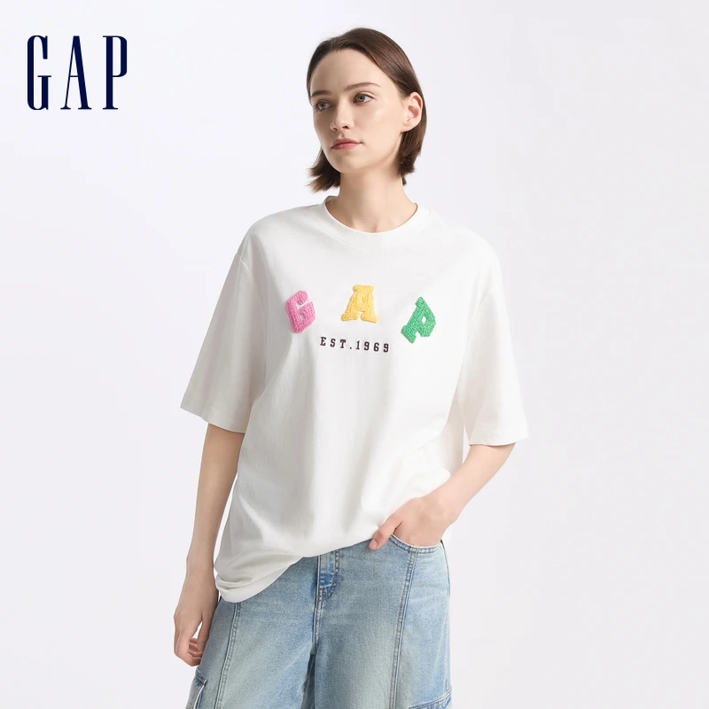 Gap女装彩色刺绣短袖T恤纯棉简约百搭雅丹风休闲DR 613288