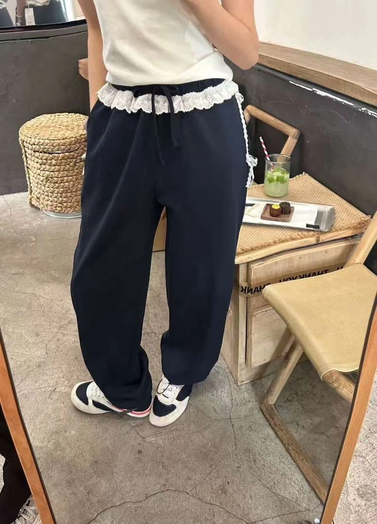 Da·Qian 2025春季新款韩版松紧腰蕾丝花边拼接休闲裤女百搭
