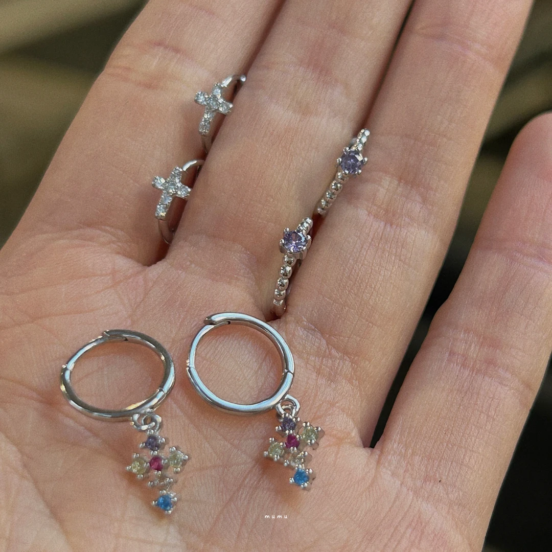 925银合成锆石耳饰 mumu 百搭 彩色十字架紫色可爱少女耳圈耳饰