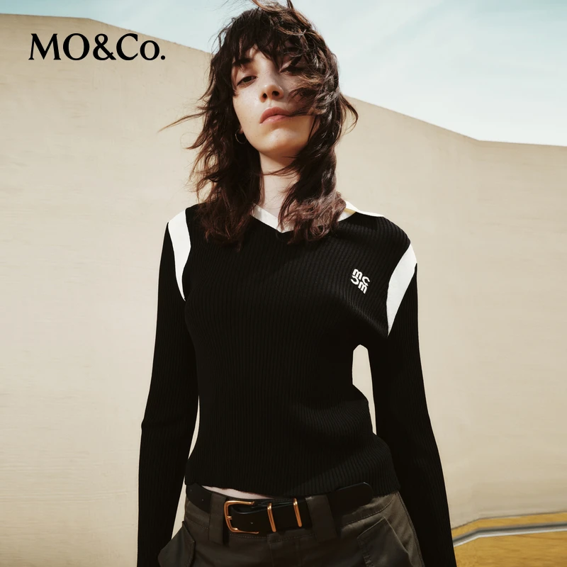 【达人专属】MOCO秋撞色翻领字母提花修身针织衫轻职场MBC3SWTT17