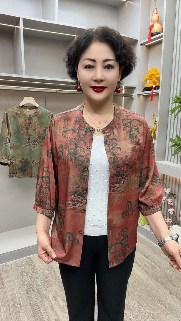 CF#88中老年女装衬衫宽松七分袖妈妈衫，衣长65