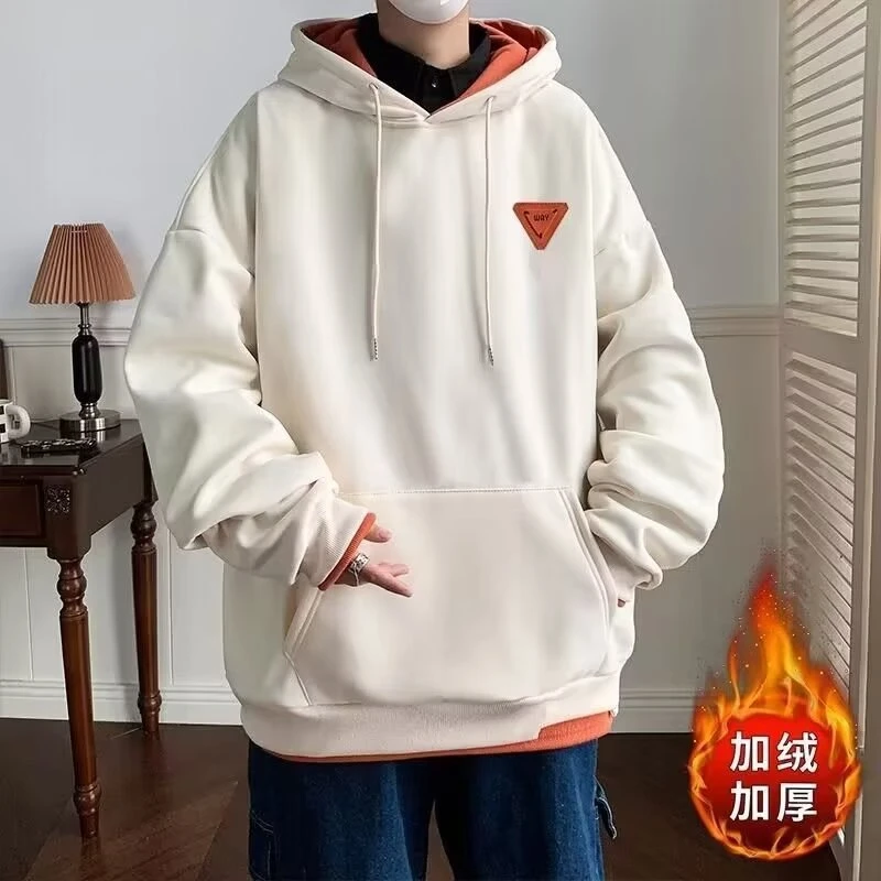 撞色加绒连帽卫衣男士秋冬季慵懒风日系潮牌字母印花长袖上衣服