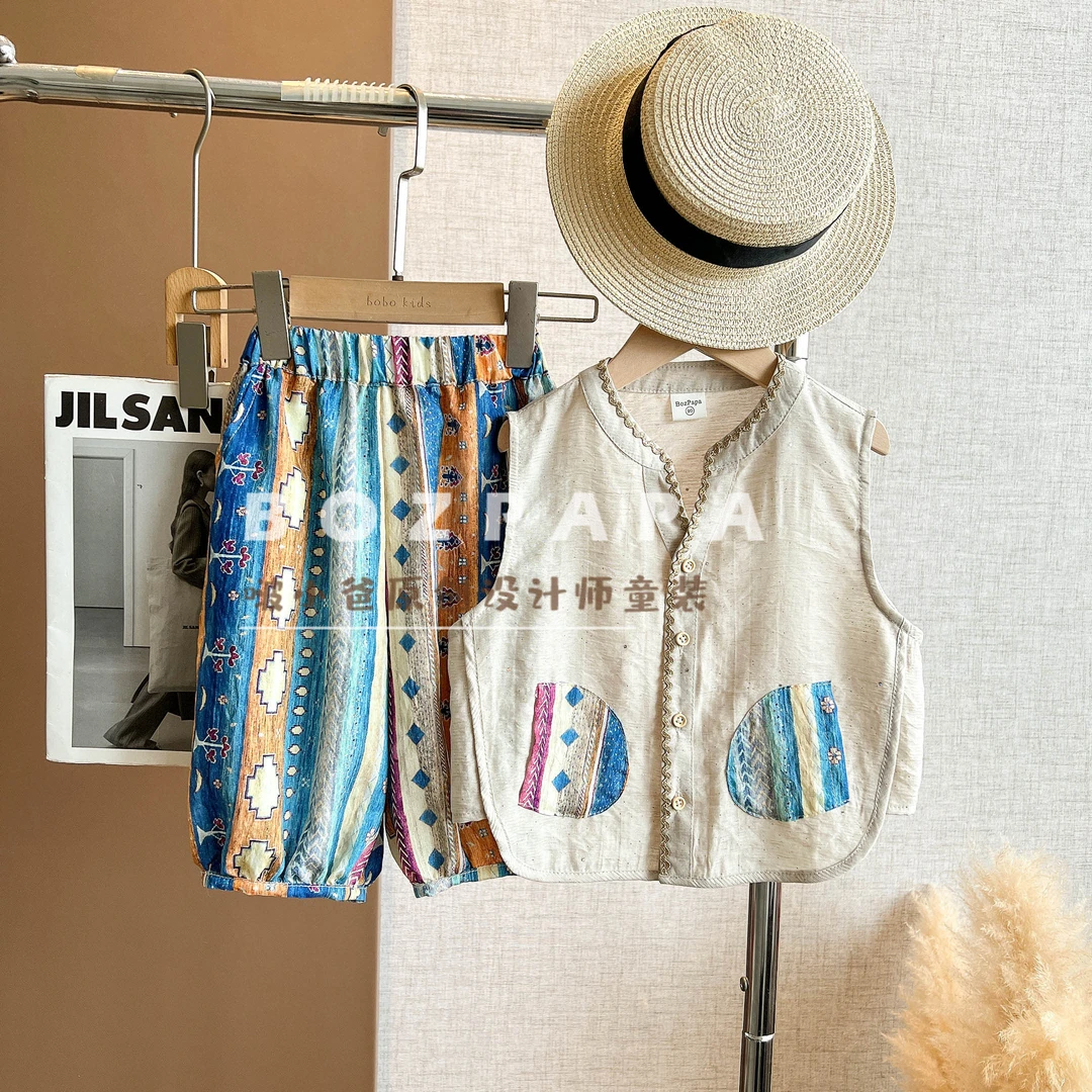 现货啵小爸【虹彩稚趣】2025夏季男童韩系民族风口袋拼接背心套装
