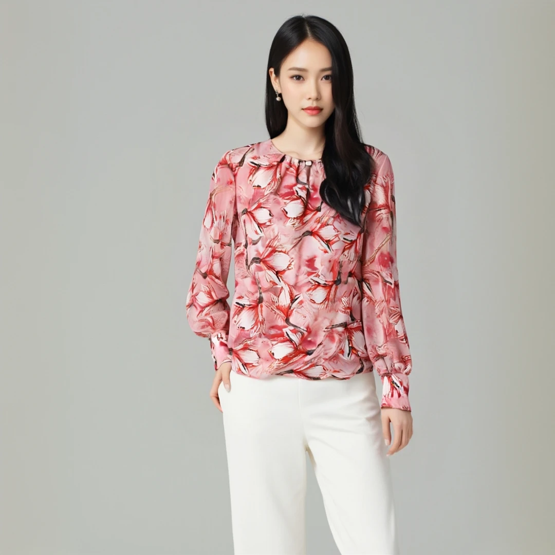 【珠光宝气】法式灯笼袖九分袖修身碎花印花衬衣雪纺衫短款小衫
