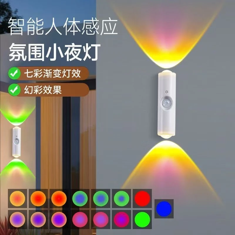 人体感应磁吸可充电小夜灯面打孔卧室走廊客厅RGB幻彩渐变壁灯