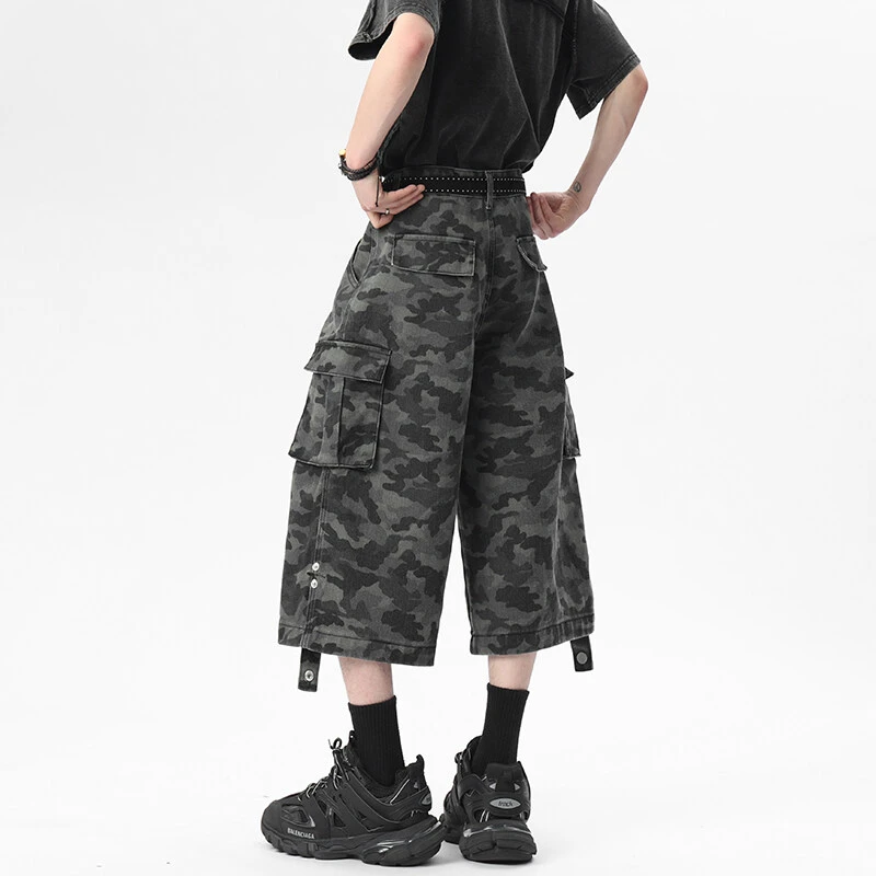 美式高街迷彩牛仔短裤男夏季重磅潮牌工装七分裤宽松阔腿运动中裤