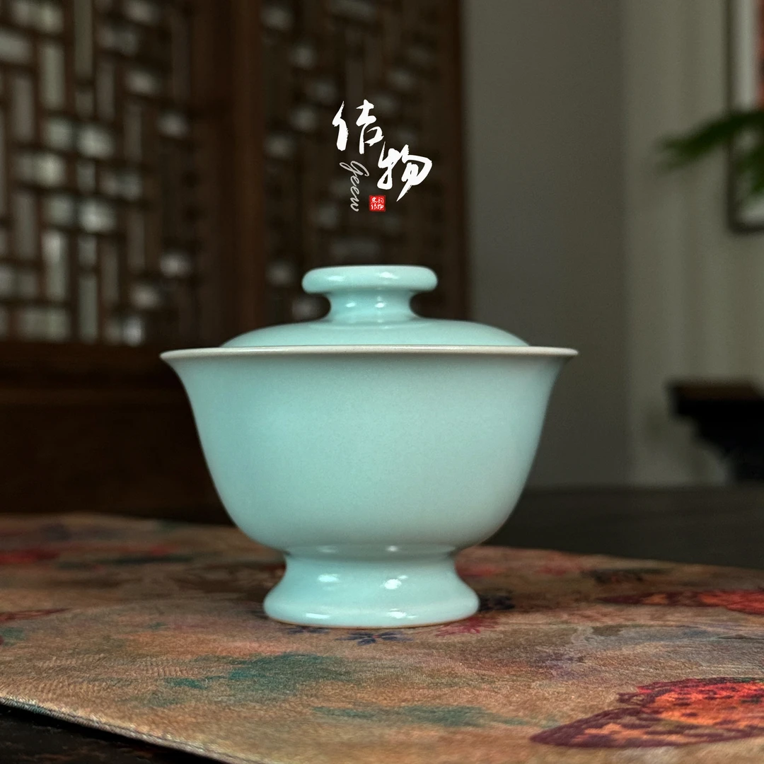 【素汝禅茶】纯手作天青釉盖世无双两才盖碗