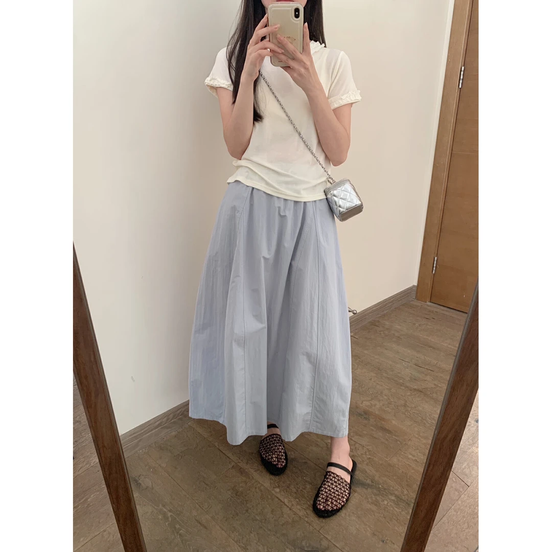 韩系百搭肌理感遮胯高腰花苞半身裙女2025夏季遮胯直简垂感中长裙