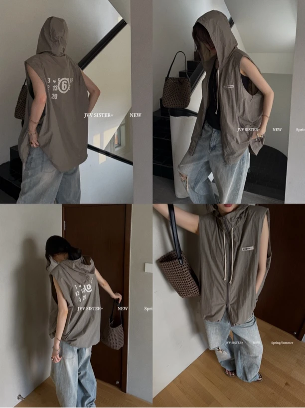 福秒-后背字母印花的！连帽抽绳宽松马甲外套（JD51638#）JVV