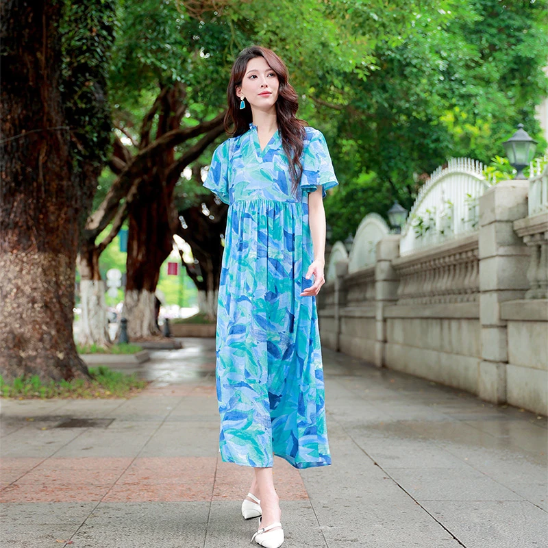 杨丽萍衣橱-望潮生民族风新中式老钱风碎花印花V领短袖连衣裙秋