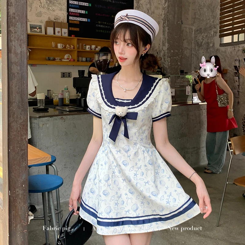盐系少女 织物猪原创 学院风海军领短袖连衣裙女夏季收腰印花短裙