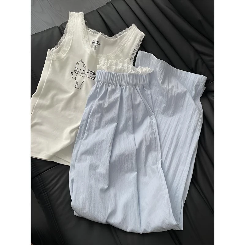 韩系穿搭甜美蕾丝花边蓝色休闲裤女夏季宽松直筒休闲阔腿遛弯裤子