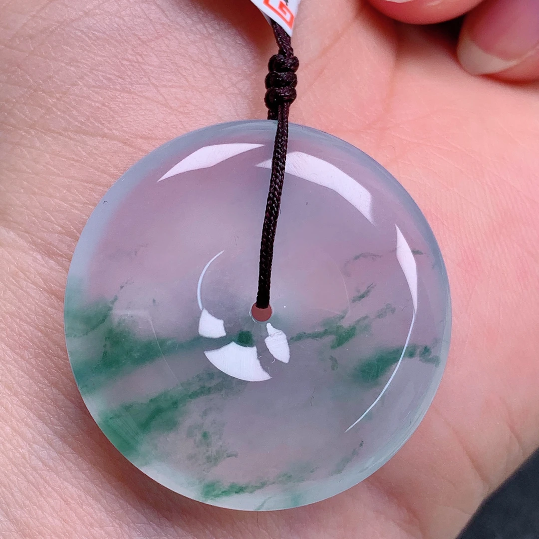 天然缅甸翡翠A货高冰飘花平安扣气质精美尺寸31.3*5.9 643