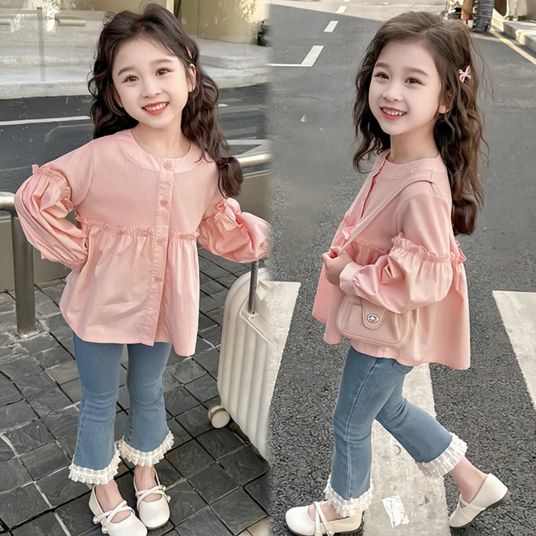 （好甜好乖呀）女童春装套装2025新款洋气韩系儿童衬衫喇叭裤两件套