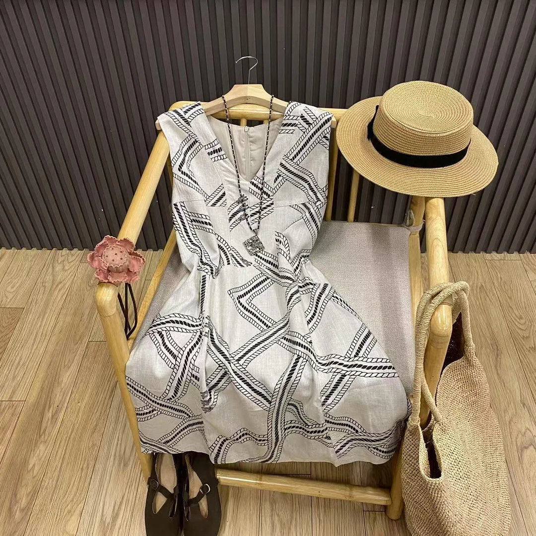 复古无袖V领印花汉麻连衣裙套头宽松显瘦中长高级感裙子女Q067