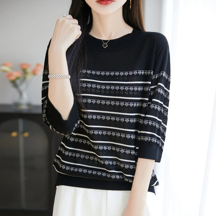 莱赛尔天丝夏季宽松圆领短袖t恤女条纹薄款冰丝针织衫镂空上衣