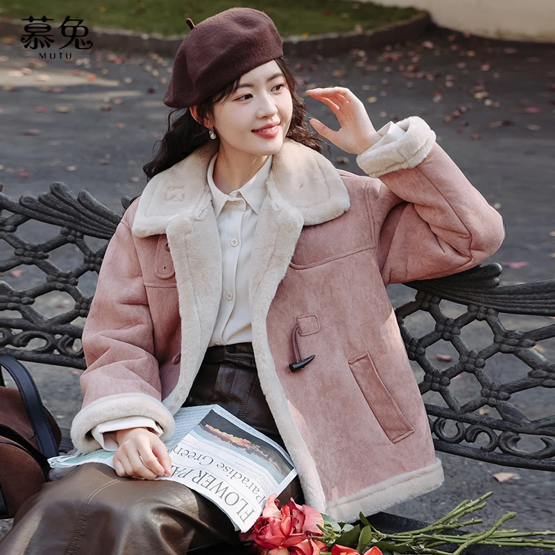 慕兔复古厚外套女冬季2024高级感加绒保暖皮毛一体上衣