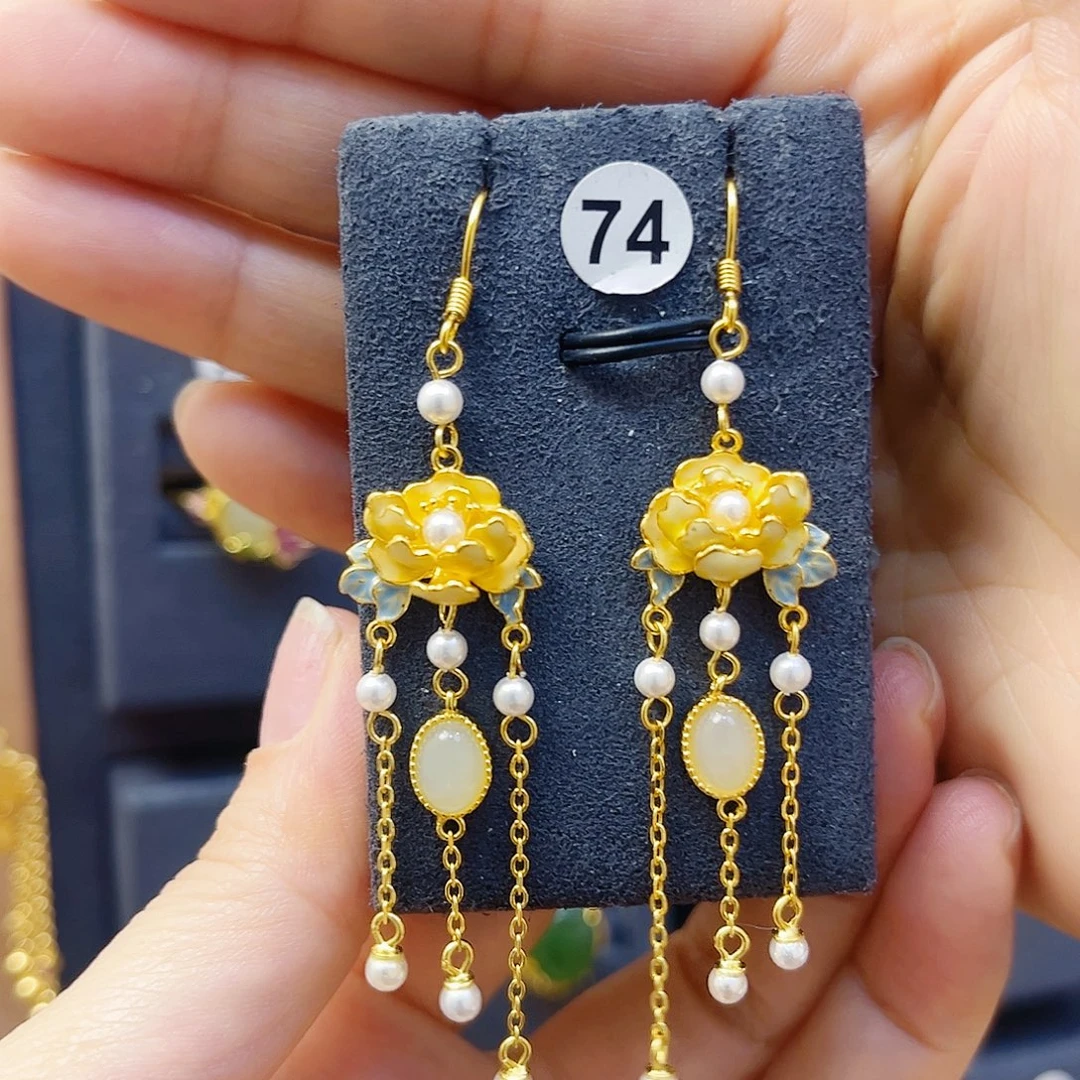 和田玉银S925镀金镶嵌耳饰