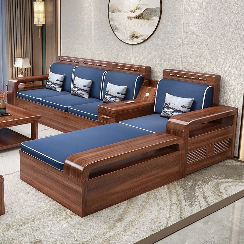 胡桃木新中式实木沙发客厅转角贵妃组合现代简约冬夏两用储物沙发