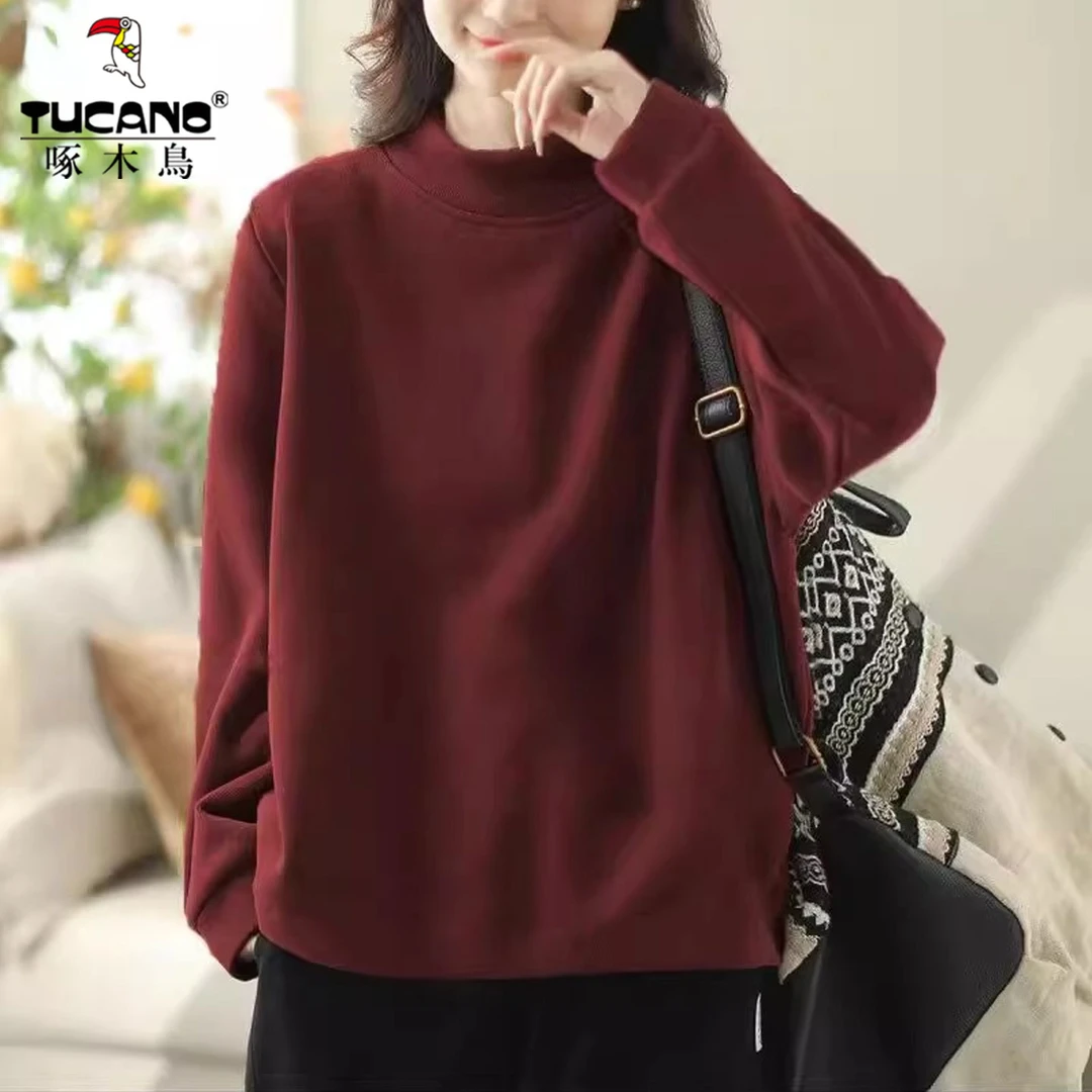 啄木鸟德绒半高领打底衫女秋冬宽松大码复古文艺休闲百搭长袖上衣