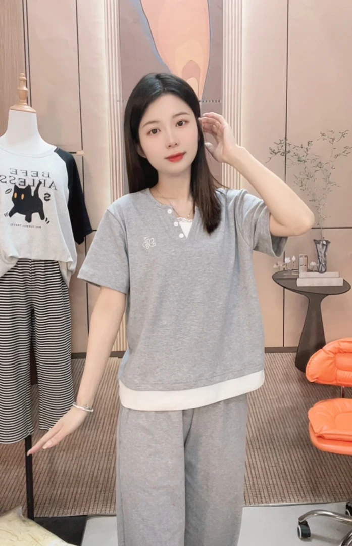 22690（拍一发三）灰色蝴蝶刺绣短袖长裤+短裤三件套睡衣女士家居服