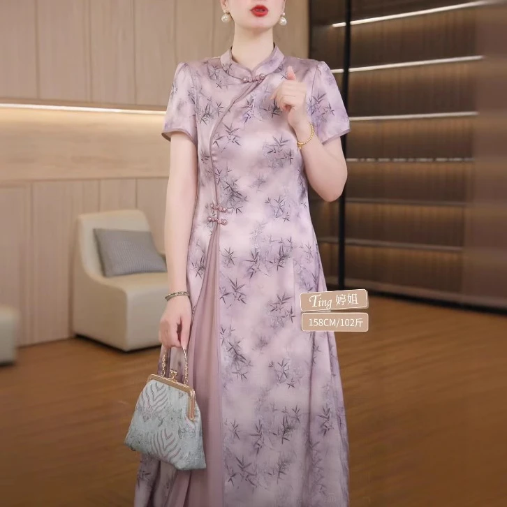时尚妈妈夏装连衣裙中年女装气质改良旗袍中老年洋气短袖裙子