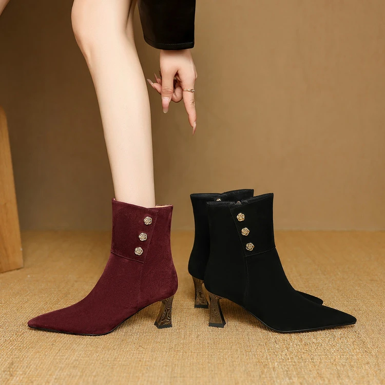 里外纯皮～羊皮6.5cm尖头高跟复古短靴显瘦百搭瘦瘦靴女时装靴短筒