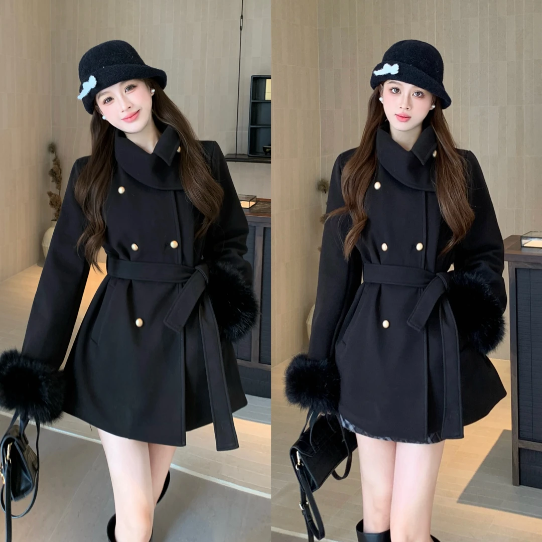 大码财阀千金秋冬新品毛呢大衣短款气质显瘦收腰外套百搭休闲外套