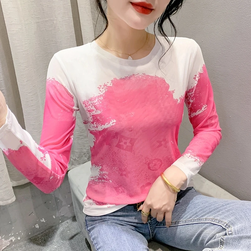 【蝶恋花专属】2024新款秋款网纱圆领晕染上衣时尚显瘦气质长袖时尚