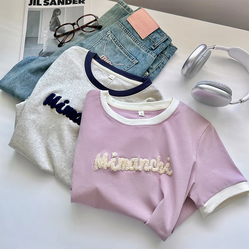 字母植绒短袖T恤2025夏季新款撞色百搭显瘦上衣服宽松遮肚肉女装