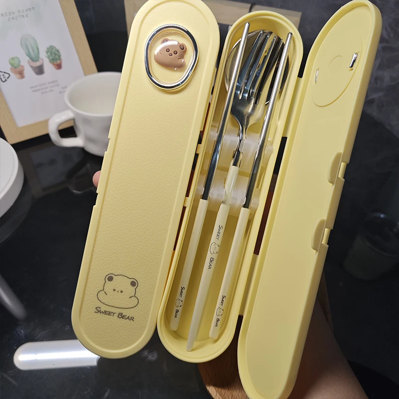 卡通筷子勺子套装儿童便携不锈钢餐具小学生一人专用三件套收纳盒