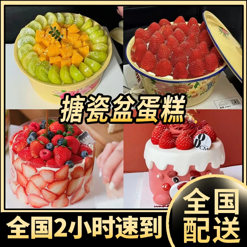 搪瓷盆蛋糕新鲜草莓水果网红生日蛋糕复古恶搞男女全国同城配送