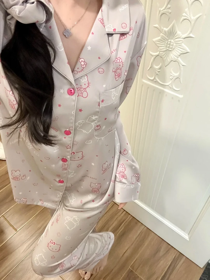 【银粉kitty猫】2025春秋新款网红高级凯蒂猫冰丝睡衣女套装家居服