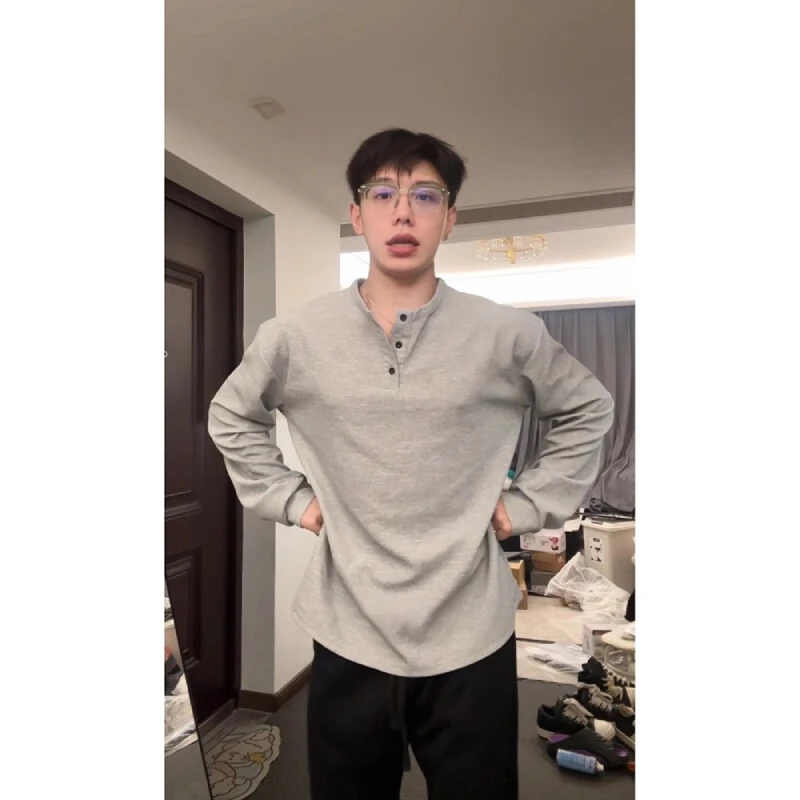 斌子同款亨利领长袖t恤男春秋美式复古重磅卫衣polo领内搭打底衫