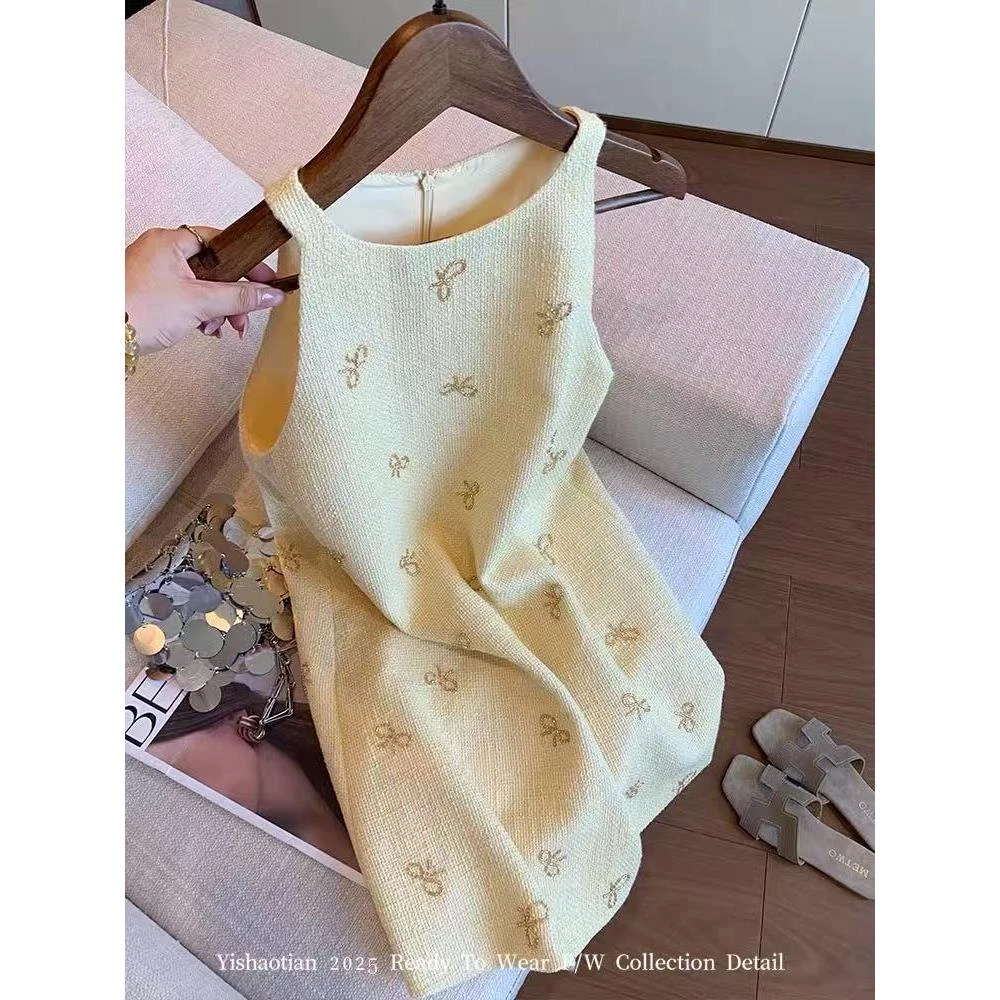 小香风串珠蝴蝶吊带连衣裙女2025夏款无袖背心裙富家千金感包臀裙