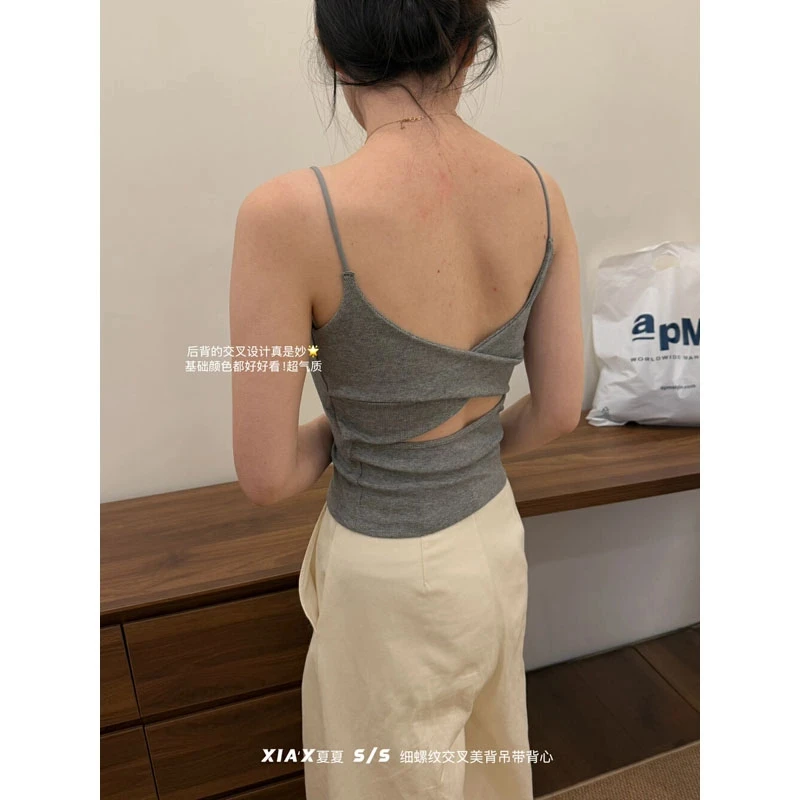 十三行夏季细螺纹交叉美背吊带亲肤肉柔软吸汗带胸垫背心内搭