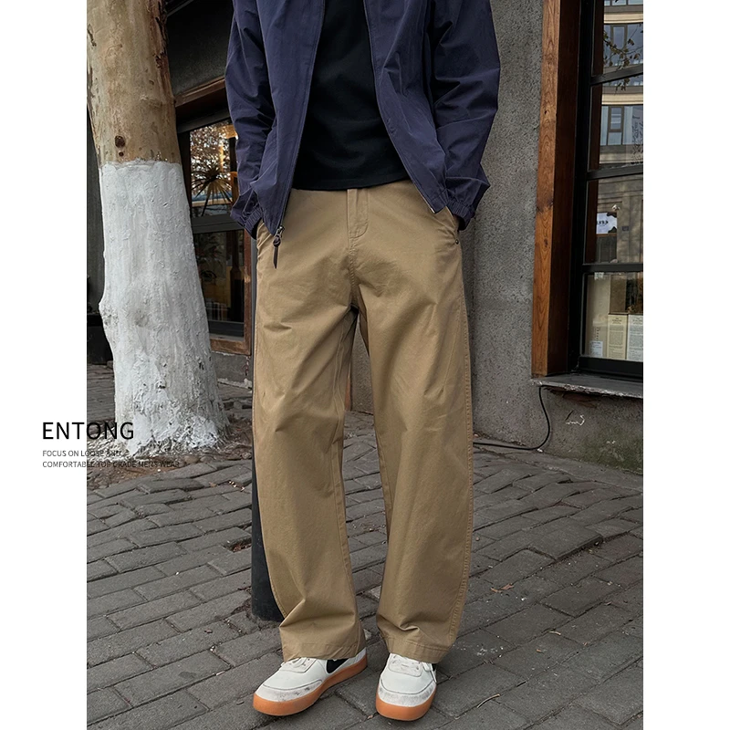 Entong日系街头复古卡其色直筒休闲裤男士春季宽松阔腿工装长裤潮